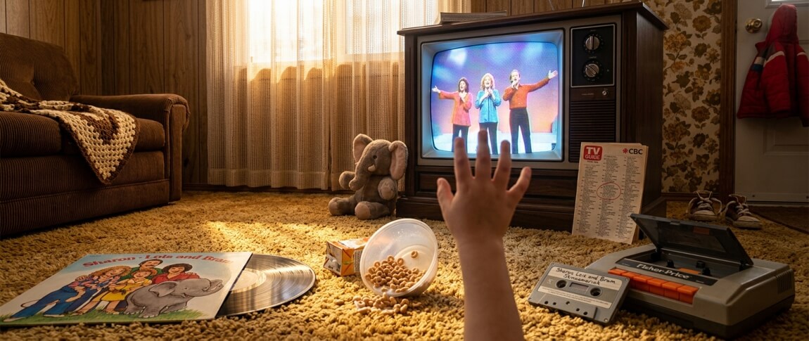 Child's hand reaching toward a CRT television playing Sharon, Lois and Bram on CBC in a 1980s living room with vinyl record, cassette player, and stuffed elephant