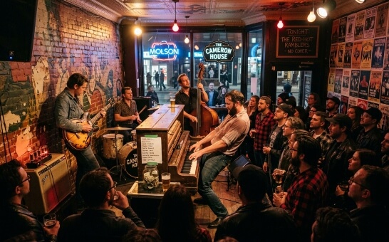 Live band performing at The Cameron House in Toronto with guitar, upright bass, drums, and piano in front of an intimate crowd