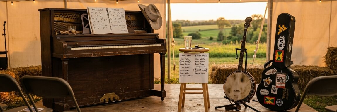 Folk festival stage under a tent with upright piano, banjo, and handwritten setlist overlooking green farmland at golden hour