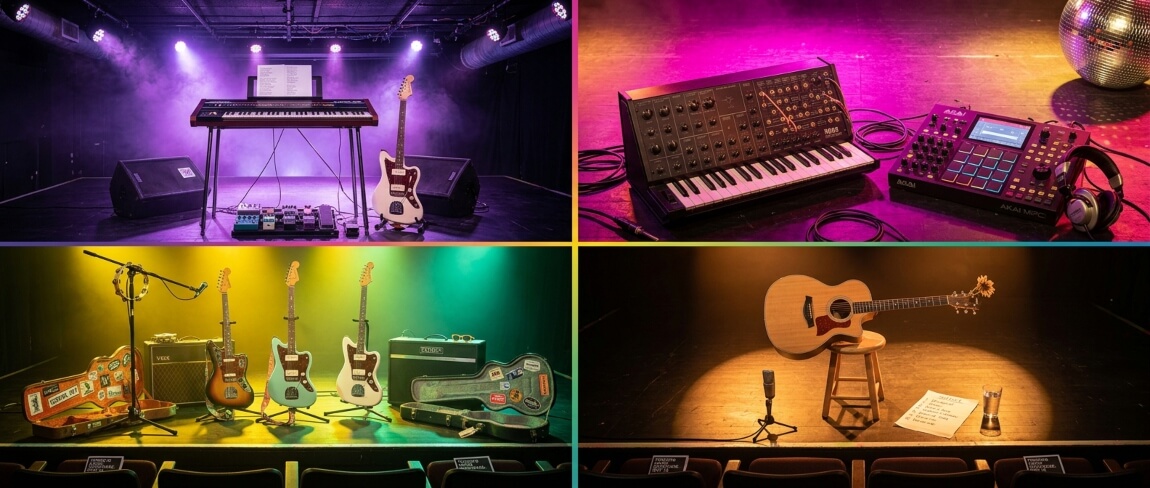 Four music stage setups: keyboard with electric guitar, analog synthesizer with drum machine, indie rock guitars with amps, and acoustic guitar on a spotlight stool
