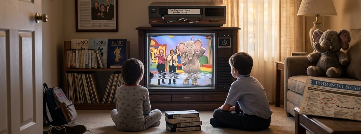 Two children watching The Elephant Show on a CRT television with VHS tapes, Juno Awards memorabilia, and a stuffed elephant in a Canadian living room