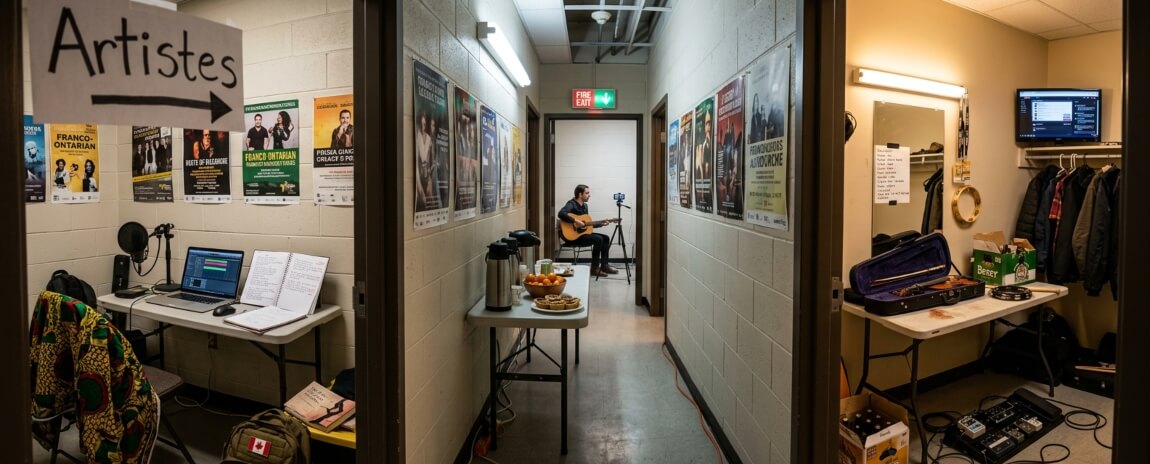 Backstage at a Franco-Ontarian music festival with artist prep room, musician warming up on guitar in a hallway, and a dressing room with violin case and gear